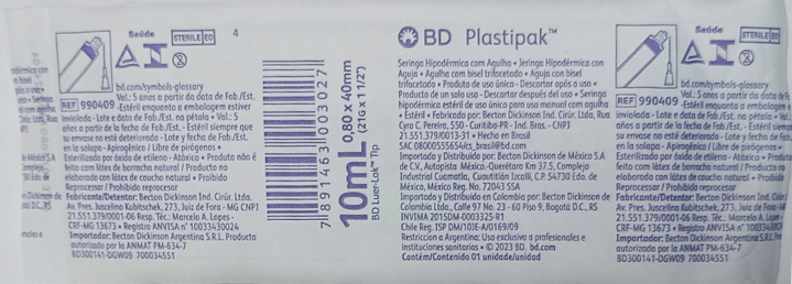 Jga. bd 10 ml 21gx40mm plastipak