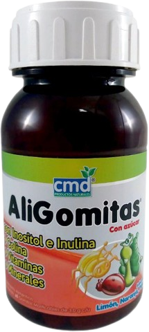 ALIGOMITAS Inositol, Inulina, Colina, Vitaminas y minerales con 60 gomitas  masticables sabor Limón, Naranja y Piña infantil.